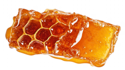 Freshly cut honeycomb segment with golden honey against a dark transparent background