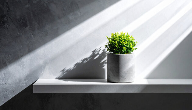 Serene Sunlight on Home Decor: A minimalist scene showcases a potted plant basking in the play of light and shadow on a sleek shelf, celebrating simple elegance.