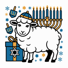 Hanukkah Sheep with Menorah and Gift