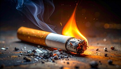 a close-up shot of a cigarette slowly burning, with the focus on the glowing tip and ashes forming at the end