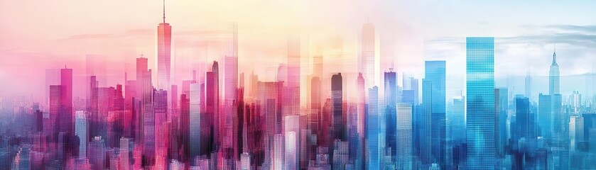 Fototapeta premium Vibrant abstract cityscape skyline with colorful gradient overlay featu modern high-rise buildings and urban environment at dusk or dawn
