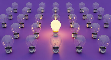 Bright idea shining among others on purple background