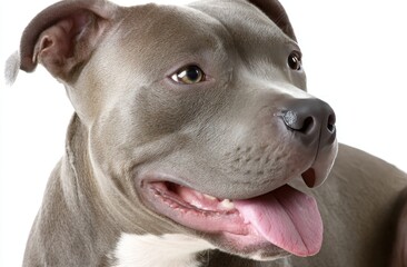 Grey pitbull's face in profile against a white background, tongue out, looking right. Peaceful, relaxed canine portrait