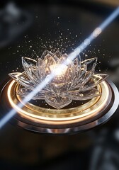Clear Lotus Blossom with Light Beam and Golden Glittering Particles