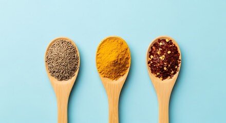 Colorful Spices on Wooden Spoons Enhancing Culinary Flavor Palette