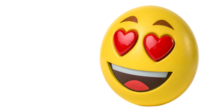3D rendered smiling yellow emoji with red heart eyes cut out on PNG. AI GENERATED.