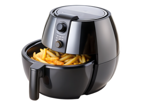 Black kitchen appliance with fried potatoes isolated on a transparent background cooking digital