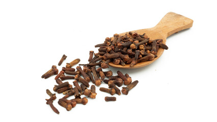 Cengkeh or cloves are aromatic dried flower buds. Dried cloves isolated on white background with clipping path. Flat lay or top view.