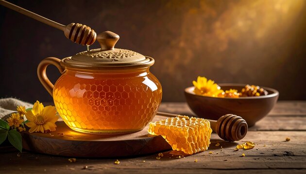 Honey in a jar, with honeycomb and flowers