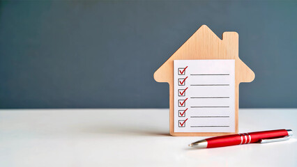 A wooden house shaped checklist with a pen on table, symbolizing home ownership tasks and responsibilities, with a grey background