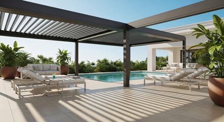 Modern Patio Oasis with Lounger, Pool, and Pergola