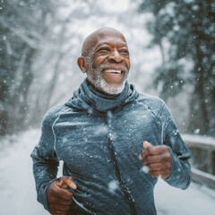 Energetic senior man (African American) jogging on a snowy trail, wearing modern sportswear, joyful expression, realistic
