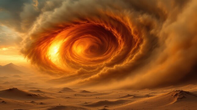 Dramatic swirling vortex of fire and dust over desolate landscape. - Powered by Adobe
