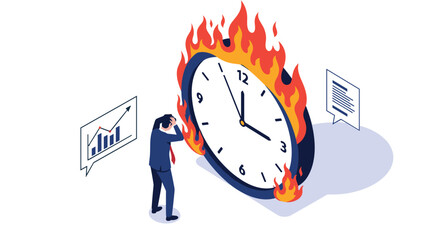 Frustrated businessman watches a burning clock symbolizing extreme time pressure and project deadlines approaching rapidly