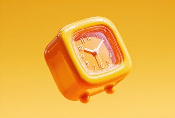 Floating, shiny orange square alarm clock with visible hands set at 1150, against a solid orange background