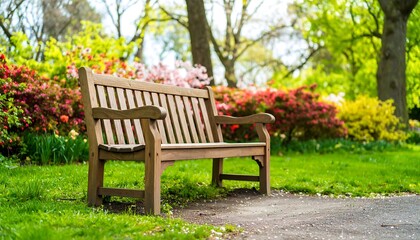 Park bench in a vibrant garden