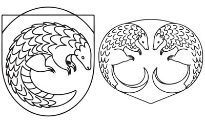 Stylized Pangolin Line Art Illustrations: Curled Animal and Symmetrical Pair Designs