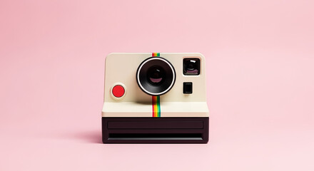 Vintage instant camera on pink background representing photography and nostalgia