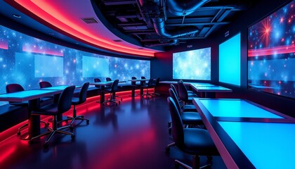 Futuristic Digital Lounge Cutting Edge Design with Dynamic Displays and Modern Ergonomic Seating