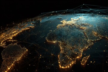 Detailed View of Digital Earth with Illuminated Cities and Network Connections over Africa and Europe at Night