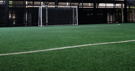 Artificial turf futsal court with goalpost and net inside an enclosed area, ready for indoor soccer practice or casual games