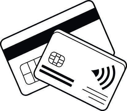 Black and white drawing of two credit cards depicting secure payment methods and financial transactions with contactless option