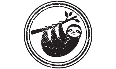 Distressed Sloth Illustration Hanging on Branch in Circular Frame