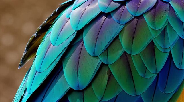 Stunning macaw feathers shimmering with vibrant blues and greens creating a dynamic texture perfect for backgrounds and artistic projects