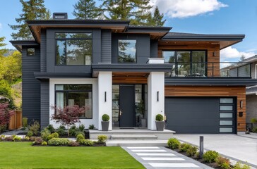 a modern house with white walls and dark gray metal sheet cladding