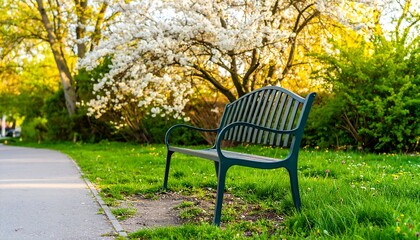 Park bench under blossoming trees