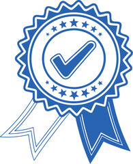 Blue Certified Quality Seal with Check Mark and Ribbon Illustration of Guarantee Approval and Top Ranking Award Recognition for Business