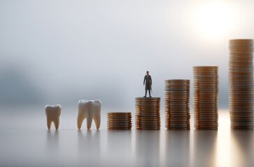 Tooth, money stack steps, miniature person on top, symbolizing dental health costs & investment, against bright backdrop