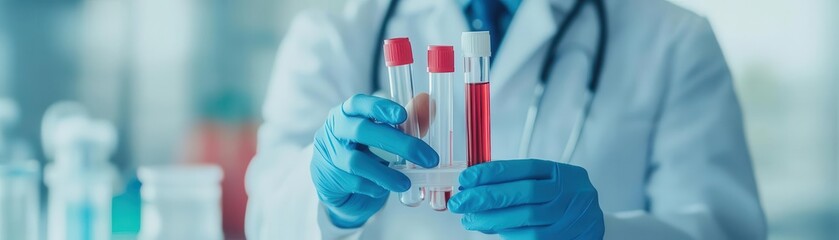Detailed close-up of a scientist holding test tubes filled with red liquid in laboratory environment with scientific equipment in background