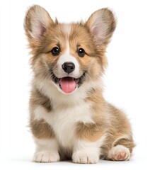 Fototapeta premium Charming, fluffy corgi puppy sitting, panting with tongue out, and looking directly forward against a white background