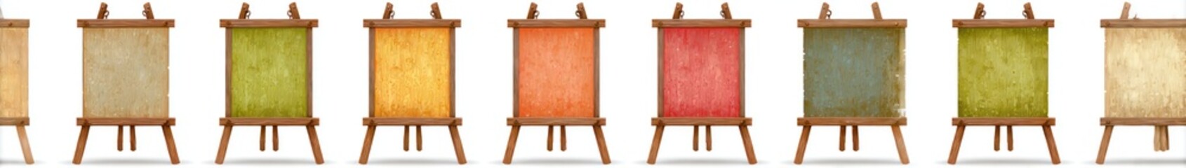 Variety of colored, framed artwork on wooden easels, displayed in a row against a white background in cartoon style