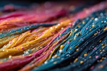 Fototapeta premium Vibrant Abstract Textile with Colorful Threads and Glittering Texture in Rich Tones of Blue, Pink, and Yellow