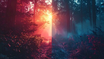 Forest path split by light