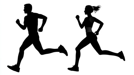 Fototapeta premium Running man and woman silhouettes set. Male and female runners figure shapes. Bare and naked slim healthy people work out Stock Illustration