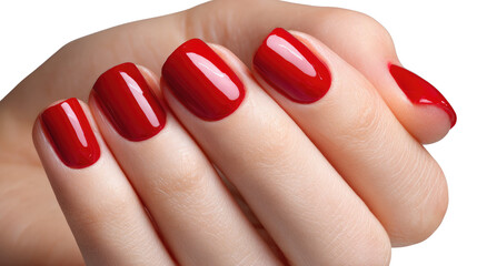 Crimson Elegance: A close-up view of a hand with impeccably manicured nails painted in a vibrant shade of red, evoking a sense of glamour and refined beauty.