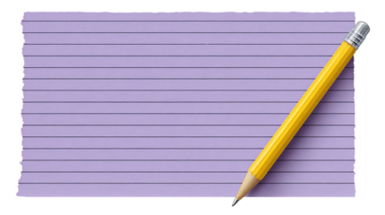 Purple lined paper with a yellow pencil isolated on transparent background
