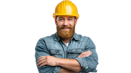 Confident Construction Worker: A cheerful construction worker, proudly adorned in a yellow hard hat, stands with arms crossed, radiating confidence and professionalism.