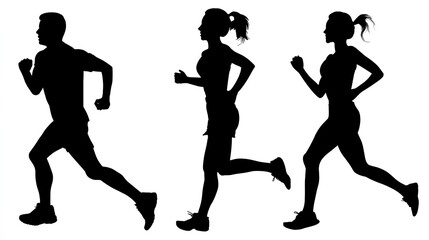 Fototapeta premium Running man and woman silhouettes set. Male and female runners figure shapes. Bare and naked slim healthy people work out Stock Illustration