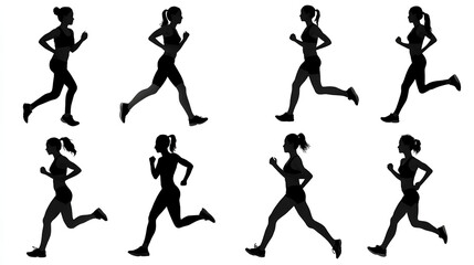 Running woman silhouettes set. Female runner figure shapes. Bare and naked slim healthy girl work out Stock Illustration