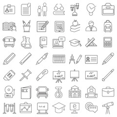Education Line Icons Editable Stroke. Book, Audiobook, E-Reader, Studying, Tutorial, Personal Organizer, Diary, learning and research in education, school or college.