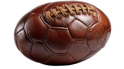Vintage Leather Football: A beautifully crafted, aged leather football rests in an elegantly lit studio, showcasing its intricate stitching and timeless design.
