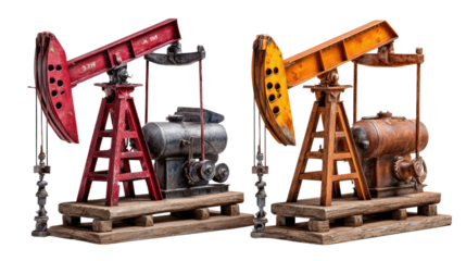 Oil Pumps: Two vibrant oil pumps, rendered in meticulous detail, showcasing industrial innovation and the raw power of resource extraction.