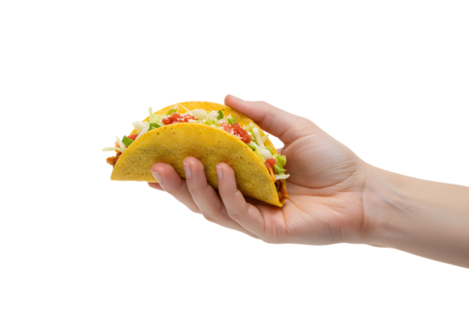 Hand Holding Mexican Taco Isolated on White
