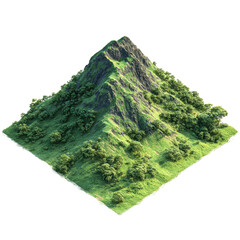Isometric view of a pyramidal mountain with lush green vegetation