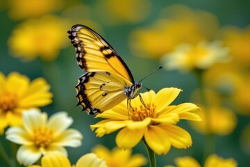 Obraz premium Close-up of a vibrant yellow and black butterfly perched on a bright yellow flower in a lush garden with colorful blurred floral background du daytime