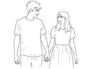 Young Couple Holding Hands Outline Drawing